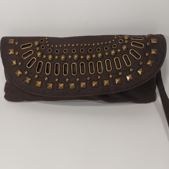 Handbags - Brown faux suede wristlet handbag with brass studs